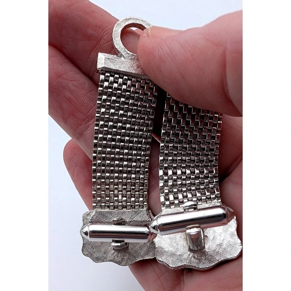 Vintage Silver Tone Mesh Wrap Cufflinks Blue Art Glass Stone Mid Century Modern